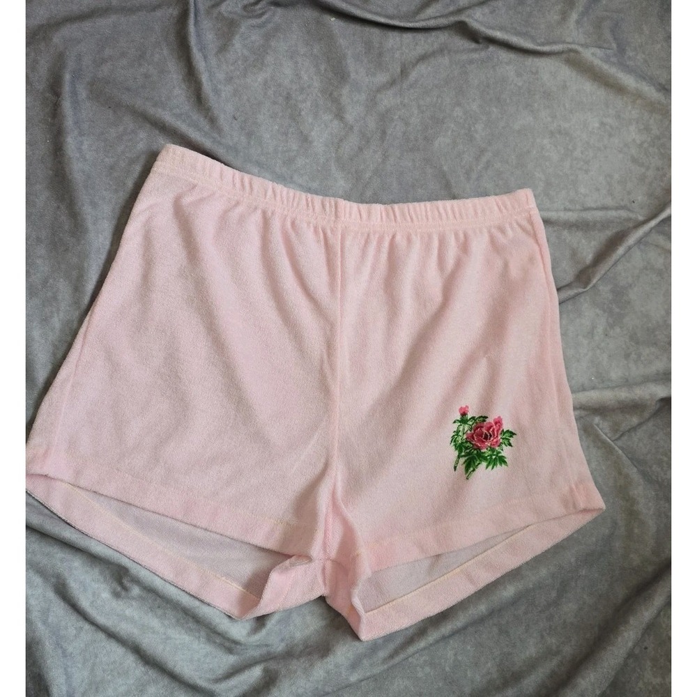 VTG 80s Montgomery Ward Pink Terry Cloth Shorts Set Floral Top L - Picture 11 of 15